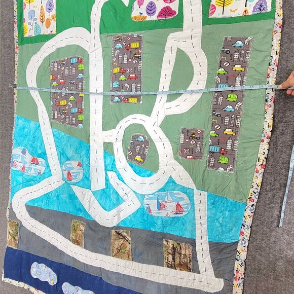 Racetrack Print Quilted Crib Blanket Baby Boys Green Blue Cars Scooters 40x55 - Picture 8 of 13